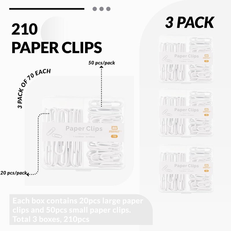 NEEWAY Colorful Paper Clips Assorted Sizes, Small and Large Paperclips, 210 Count, 3 Pack of 70 (White) - Image 3